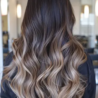 Long, cascading waves define this hairstyle, starting with a deep, dark base and transitioning into lighter, ashy blonde tips. The smooth gradient and voluminous curls add a touch of elegance and sophistication to the overall look.