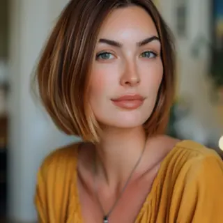 An effortlessly chic bob that blends dark roots with soft caramel highlights, creating a sun-kissed effect. The slight wave and textured ends give the hairstyle a relaxed, beachy vibe, making it perfect for both everyday wear and special events.