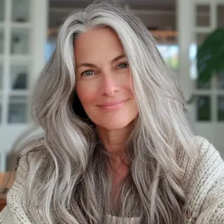 This hairstyle is characterized by its long, wavy strands that flow effortlessly. The gray color is nuanced, with a mix of ash and silver tones that provide a striking contrast. The waves are loose and natural, contributing to a laid-back, chic appearance.