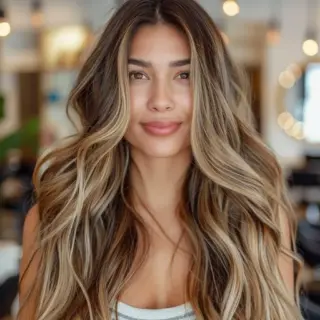Voluminous waves cascade down in this stunning brunette hairstyle, enhanced with golden highlights that add warmth and brightness. The highlights are skillfully blended to create a seamless transition from dark to light, giving the hair a natural, sun-kissed glow. Perfect for a glamorous, yet effortless look.