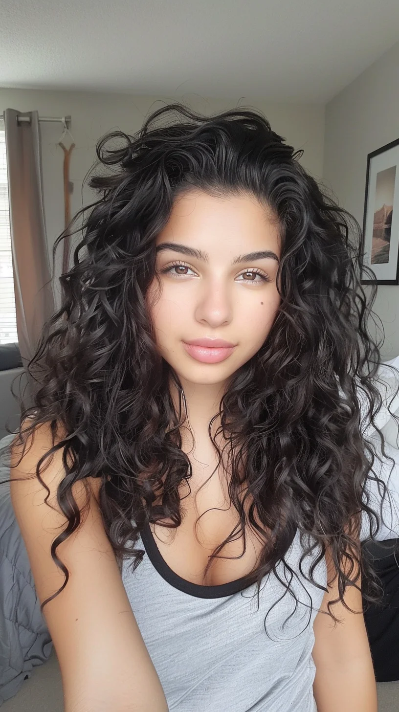 This hairstyle features long, voluminous curls that cascade freely. The curls are defined and natural, adding both body and bounce. The haircut is a layered style, which helps in reducing bulk and enhancing the curl pattern. The layers are skillfully cut to frame the face beautifully, making this style ideal for various face shapes, particularly those looking to soften their features or add a touch of romance to their look.