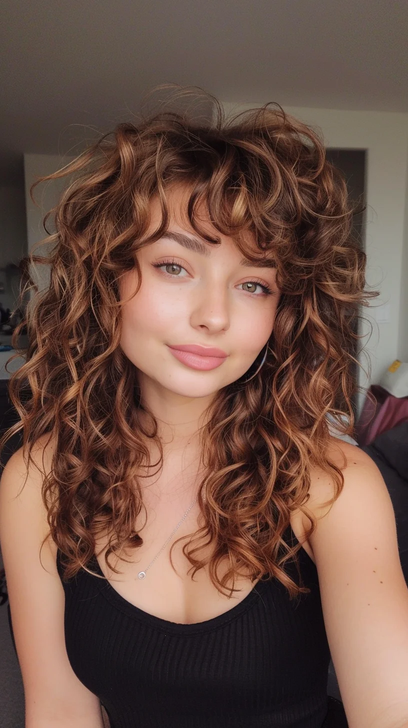 This delightful hairstyle features soft, medium-length curls with sun-kissed highlights that enhance the natural texture and movement. The hair is layered throughout to provide volume, and the bouncy curls cascade gracefully around the face. Curly bangs are incorporated to frame the face charmingly, adding a touch of whimsy and softening the overall look. This style is especially flattering for oval and longer face shapes, as it provides balance and draws attention to the eyes and cheekbones.