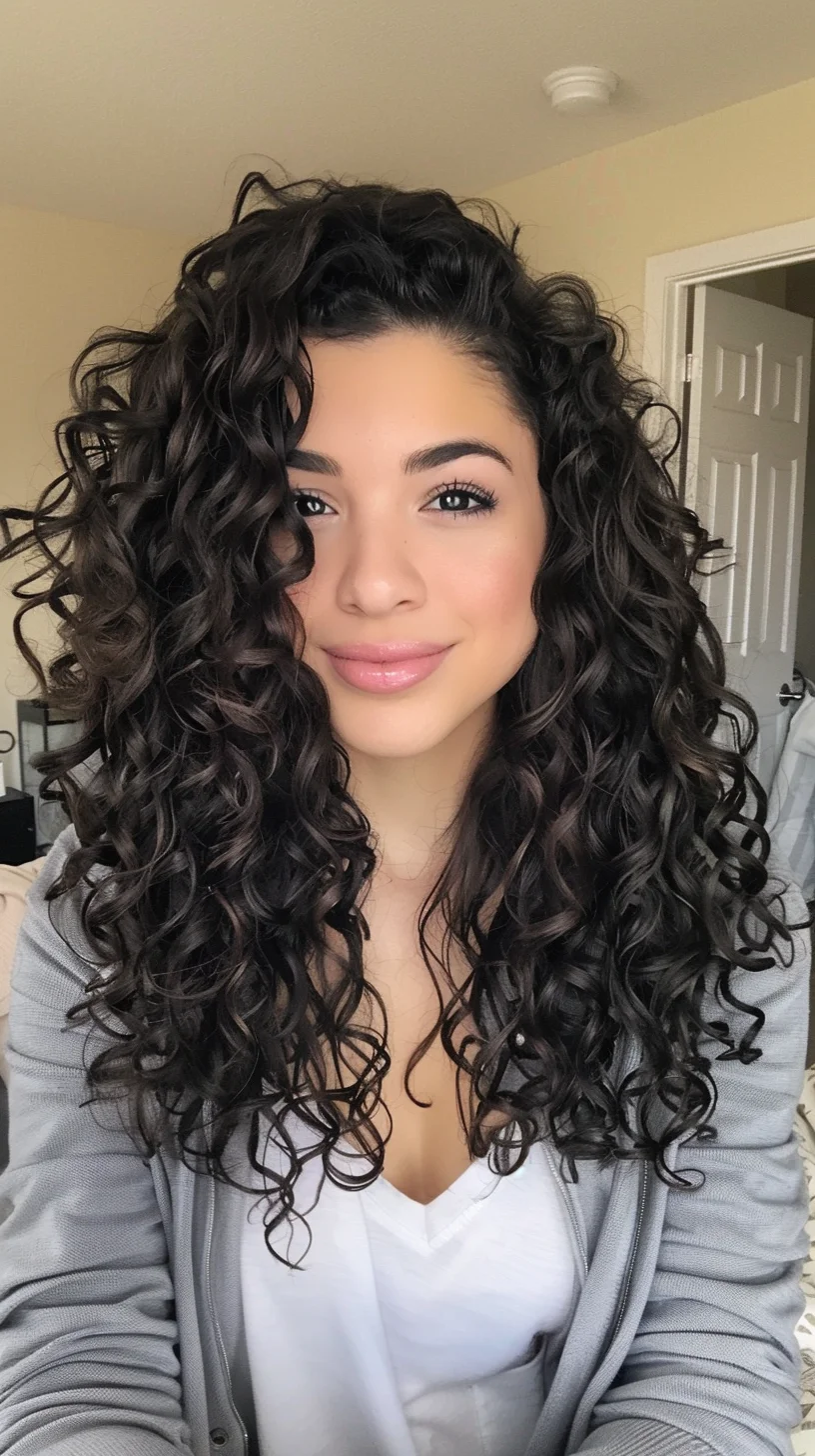 This hairstyle exudes elegance with its long, luxurious curls that are perfectly defined from roots to tips. The deep, rich brunette color enhances the curl's depth, making each coil stand out with a lustrous sheen. The hair is layered strategically to maintain the curls' natural bounce and to prevent them from being weighed down, creating an effortlessly voluminous look. This style is exceptionally flattering for round and oval face shapes, as it elongates the face and highlights the facial features subtly.