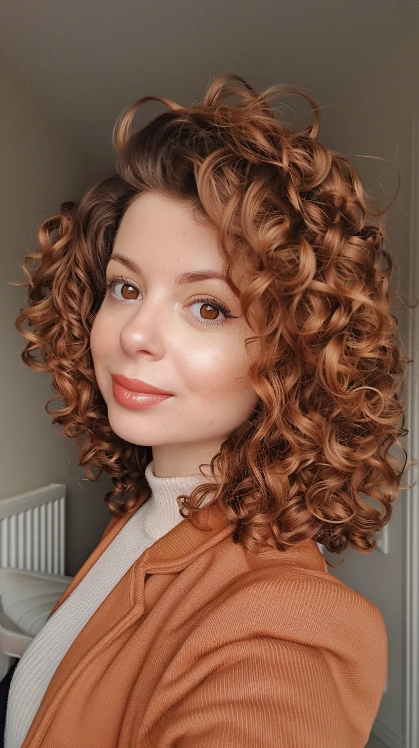 This hairstyle radiates charm with shoulder-length, tightly coiled curls that showcase a vibrant auburn hue. The curls are uniform and full, providing a lush, dimensional appearance. The style includes subtle layers that help define each curl and enhance the overall volume. This curly bob is accentuated with a playful top section styled upwards, adding a modern twist and a bit of height at the crown, making it particularly flattering for round and square face shapes, as it elongates the face and draws attention upwards.