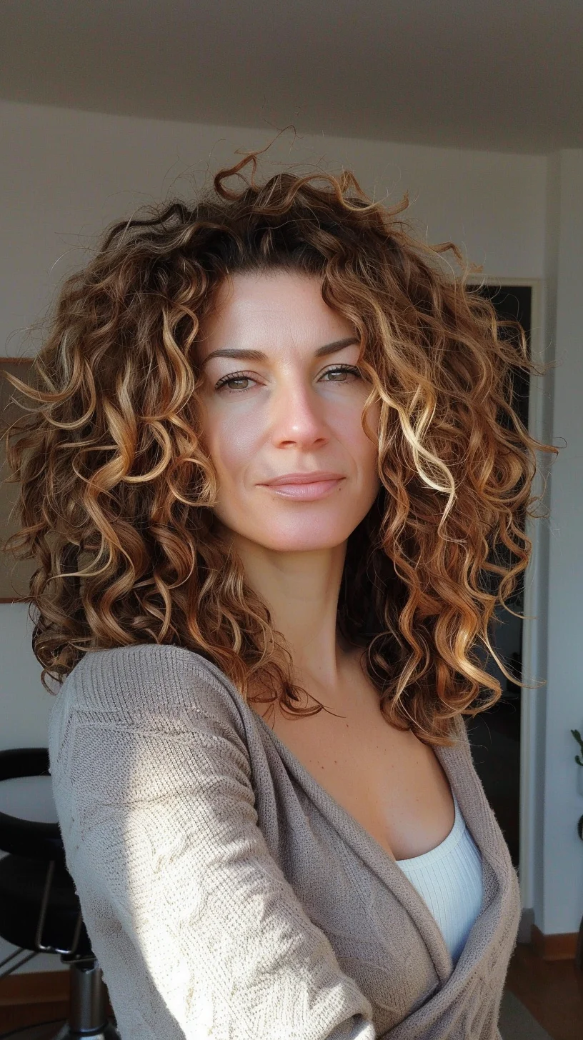 This hairstyle features a stunning display of naturally voluminous curls, beautifully highlighted with shades of caramel and blonde that enhance the hair's texture and depth. The cut is a mid-length style with layers that help define the curls and manage the volume, ensuring that each curl stands out. This look is balanced and structured, making it a perfect choice for those with square or oblong face shapes as it adds softness and reduces length with its voluminous sides.