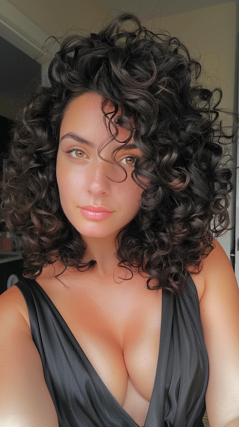 This hairstyle features a striking, voluminous mane of tightly spiraled curls, each one richly defined and full of life. The hair boasts a deep, dark base that transitions into subtle lighter highlights, adding a dramatic contrast that enhances the curls' texture and depth. The hairstyle is cut to maximize volume at the roots, making the curls appear even more bountiful and dynamic. This look is particularly flattering for those with heart-shaped and oval faces, as the volume at the top balances the face's proportions beautifully.