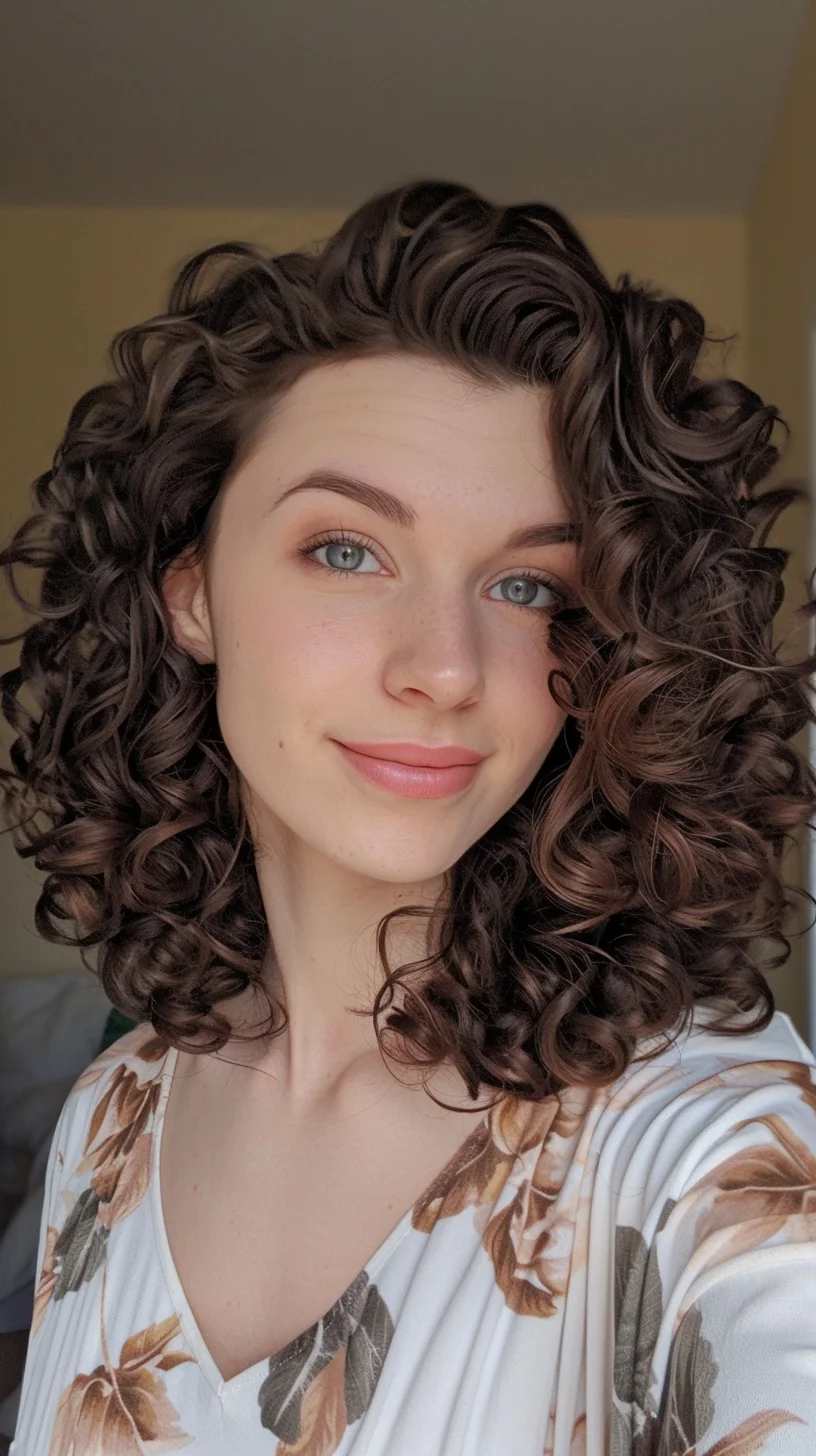 This hairstyle features beautifully sculpted, medium-length curls with a rich, dark chocolate color. The curls are tightly coiled and evenly distributed, providing a classic, symmetrical look that enhances the hair's natural volume. The style includes subtle layers that help manage the curls without reducing their natural bounce. This approach ensures the curls frame the face perfectly, offering a fresh, youthful appearance. Ideal for oval and round faces, the volume and curl placement help to elongate and balance facial proportions, emphasizing the eyes and cheekbones.