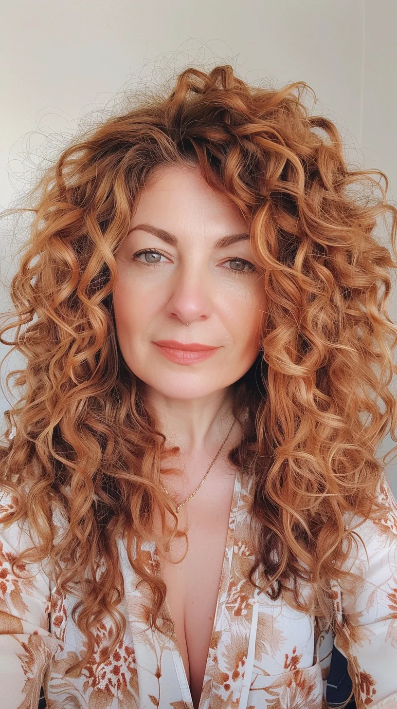 This hairstyle is a radiant display of long, flowing curls with rich, golden caramel highlights that illuminate the layers and enhance the hair's natural volume. The curls are loose and well-defined, creating an airy, voluminous look that moves beautifully. The style includes long layers that help reduce bulk and emphasize the curl's natural bounce and texture. This hairstyle is especially flattering for heart-shaped and oval faces as the curls frame the face softly, adding warmth and vitality while balancing facial proportions.