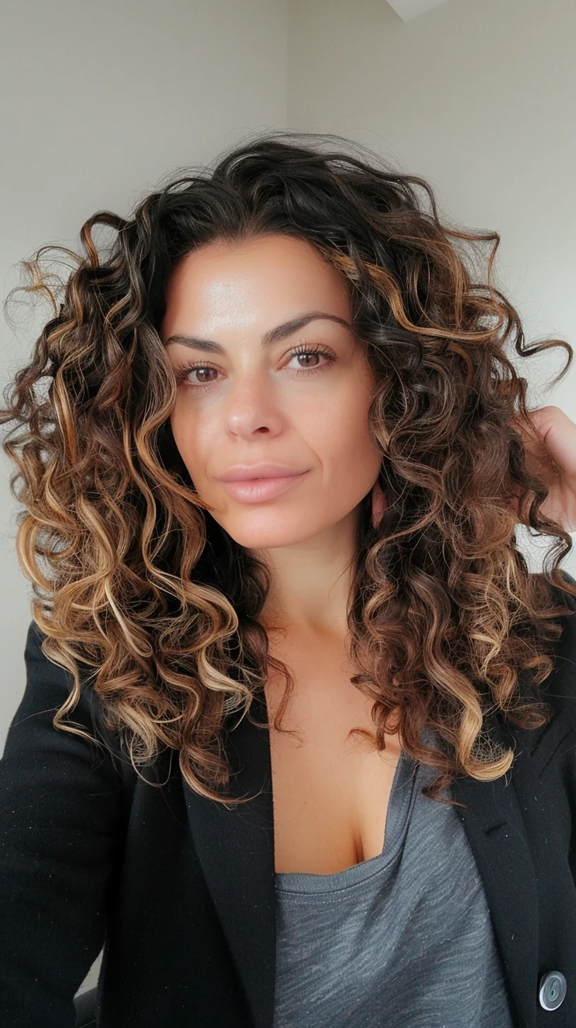 This hairstyle showcases medium-length curls that transition from a deep espresso base to lighter caramel ends, creating a beautiful balayage effect. The curls are expertly defined and arranged to enhance the hair's natural volume and movement. Each layer is cut to optimize the curl's shape and buoyancy, making the style look effortlessly elegant. This hairstyle is particularly flattering for diamond and oval face shapes, as it adds width at the cheeks, balancing the face beautifully while drawing attention to the eyes and cheekbones.