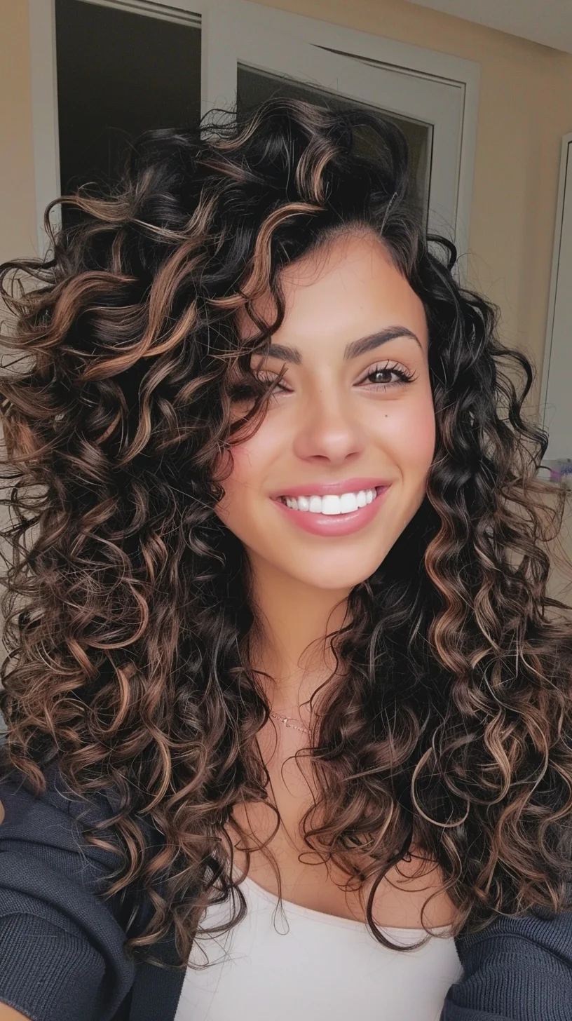This hairstyle is a stunning example of voluminous, vibrant curls with a captivating interplay of dark roots and light brown highlights that add dimension and depth. The curls are well-defined, lush, and full, cascading around the face to frame it beautifully. The strategic layering throughout maximizes the natural bounce and body of the hair, while also making it manageable and stylish. This look is ideal for oval and round face shapes, as it adds structure and draws attention upwards, balancing the facial features effectively.