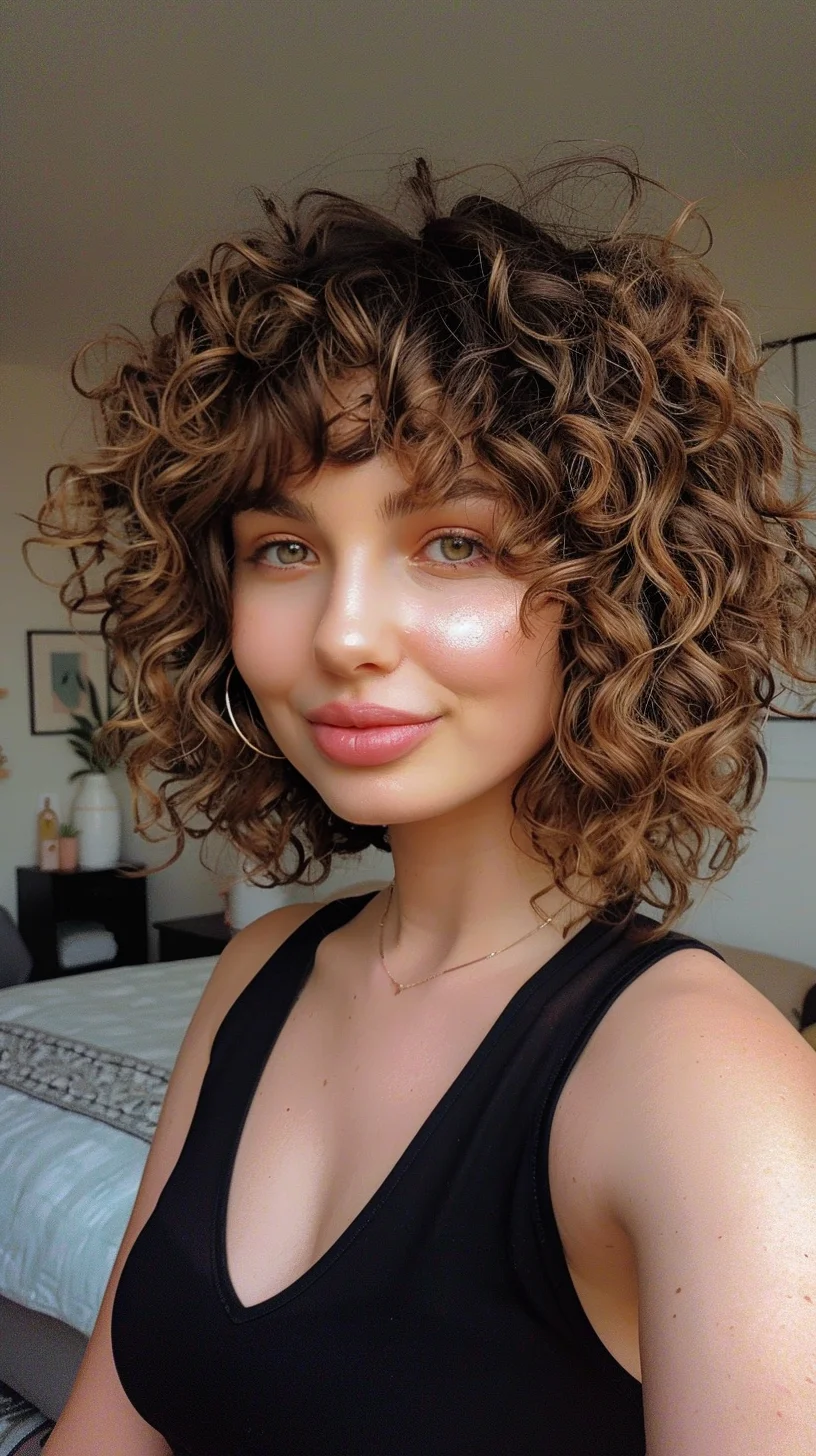 This chic hairstyle is a curly bob with bouncy, well-defined curls throughout. It features a slight layering that enhances the natural curl pattern, making the hair look fuller and more voluminous. The cut is topped off with bangs that softly frame the face, adding a youthful and playful touch. This style is especially flattering for heart-shaped and oval faces, giving a harmonious balance to the facial features.