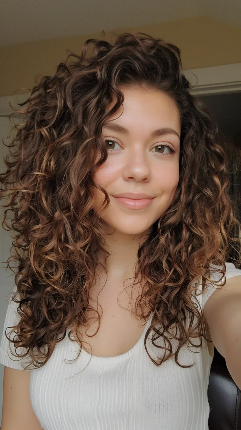This hairstyle features shoulder-length curls with a soft, gradual transition from rich dark brown roots to light brown ends, enhancing the depth and dimension of each curl. The curls are loose and natural-looking, creating a relaxed yet voluminous appearance. The cut includes gentle layers that help distribute the hair's natural weight and allow for movement, making the curls springy and dynamic. This style is especially suited for heart and oval face shapes, as it frames the face evenly, providing a flattering, balanced look.