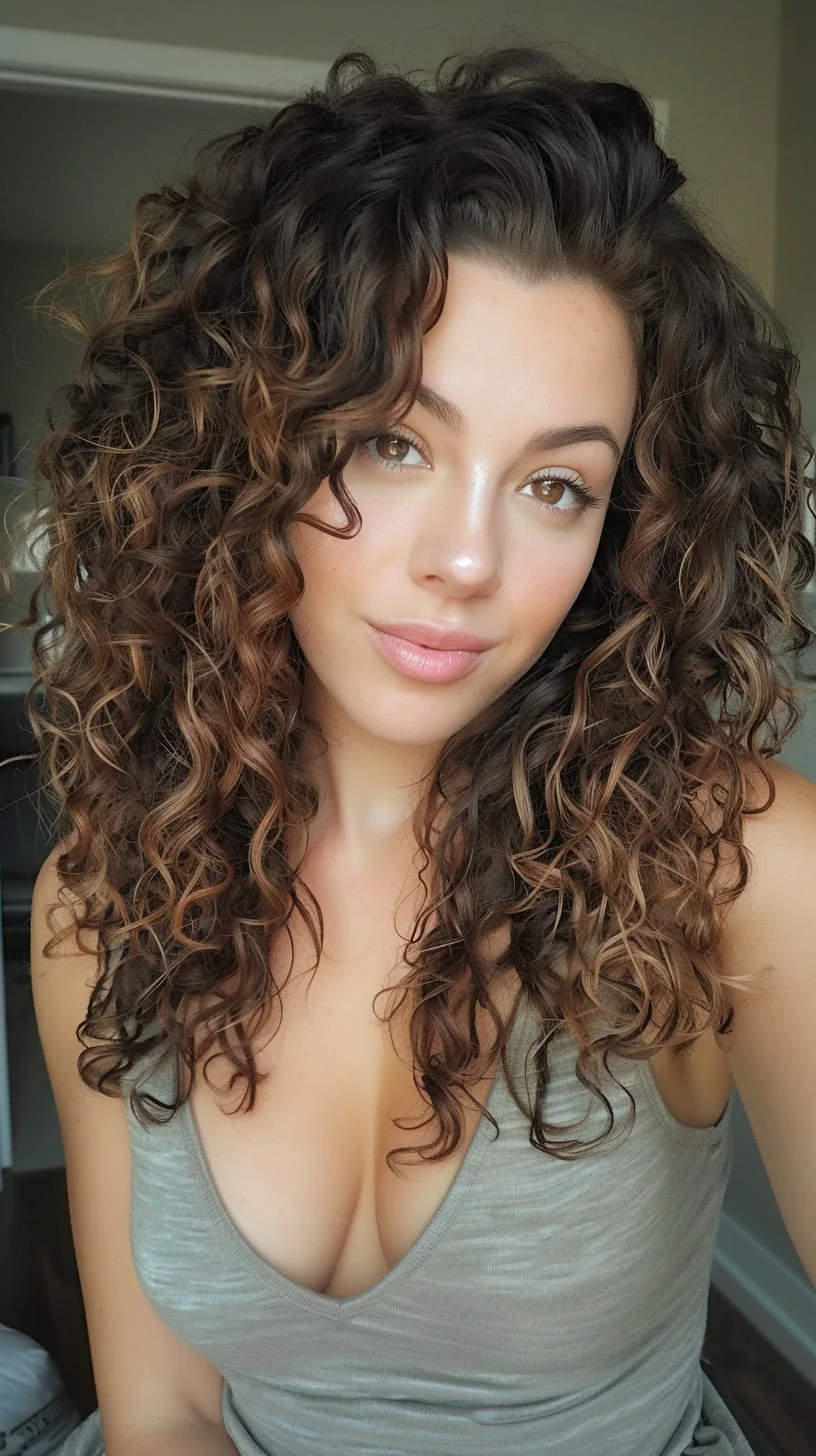 The image shows a woman with long, voluminous curly hair in a warm brown shade with subtle highlights. Her curls are tightly spiraled and full-bodied, cascading past her shoulders. The style has lots of natural texture and movement, with the curls framing her face beautifully for a romantic, feminine look.
