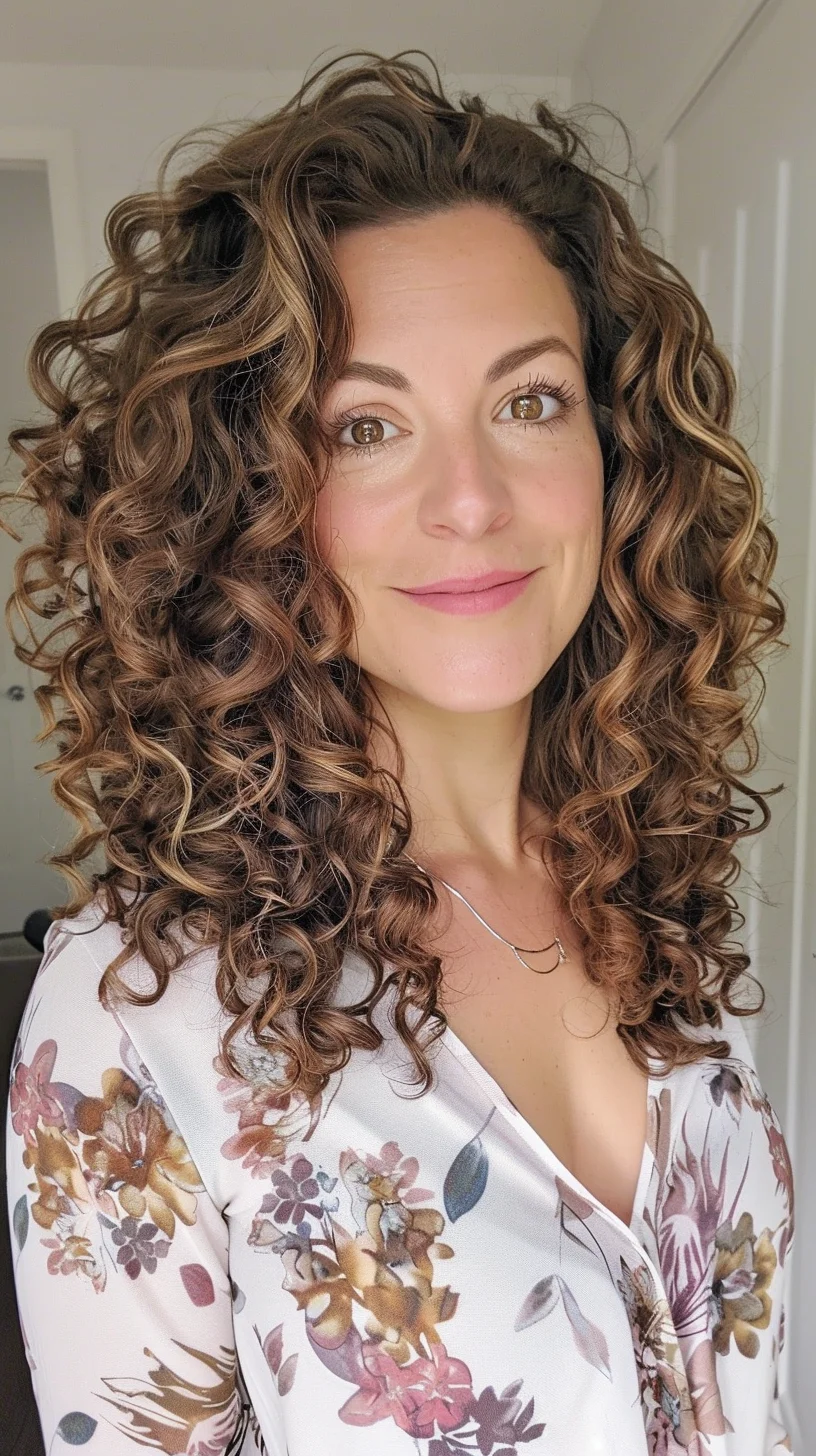 In this photo, the woman has long, luscious curly hair with a mix of tight and loose spirals. The curls have an effortless, tousled appearance with plenty of volume and bounce. Subtle balayage highlights add dimension to the warm brown base color. The style elegantly frames her face while letting the natural beauty of her curls shine.