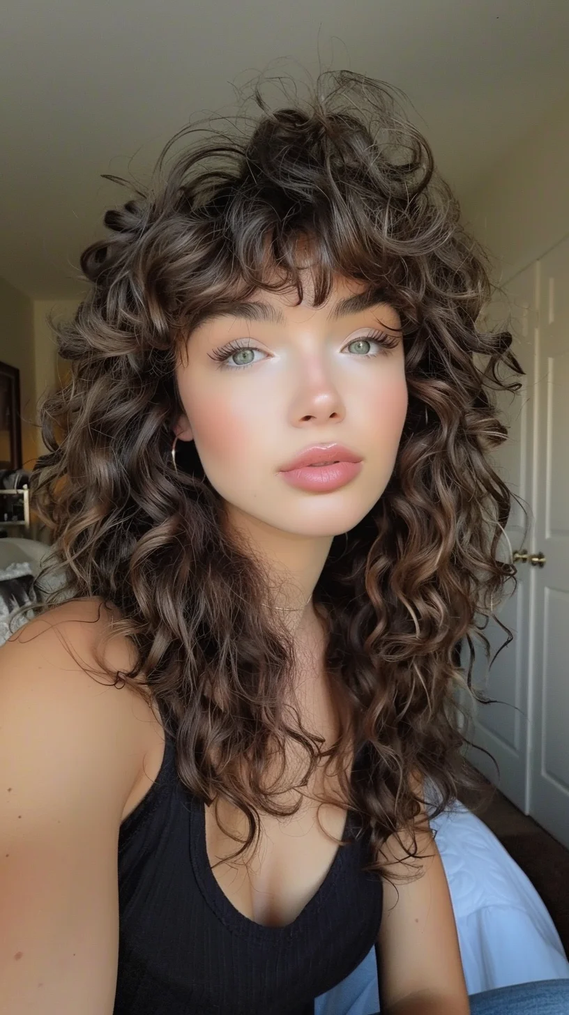 This style features long, voluminous curls in a rich brown shade. The hair has a layered cut with shorter face-framing pieces that add movement and shape around the face. The curls are defined yet soft, creating an effortlessly chic and bouncy look. Subtle highlights add depth and dimension to the overall style.