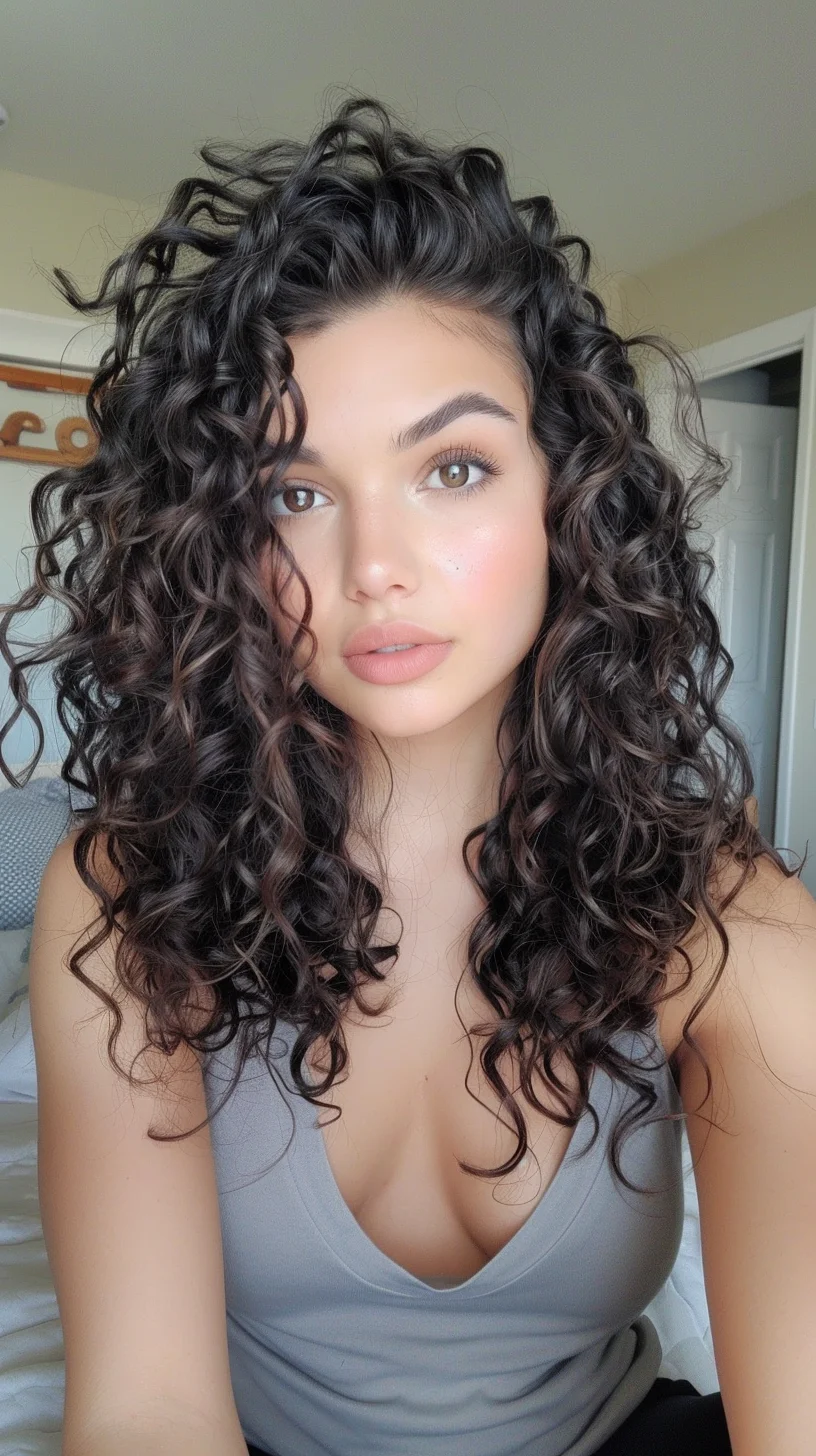 In this photo, the model sports gorgeous dark brown curly hair with caramel highlights scattered throughout. The spiraled curls have lots of volume and texture, framing the face beautifully. The cut appears to be layered to enhance the hair's natural shape and movement. The result is a trendy yet timeless curly hairstyle.