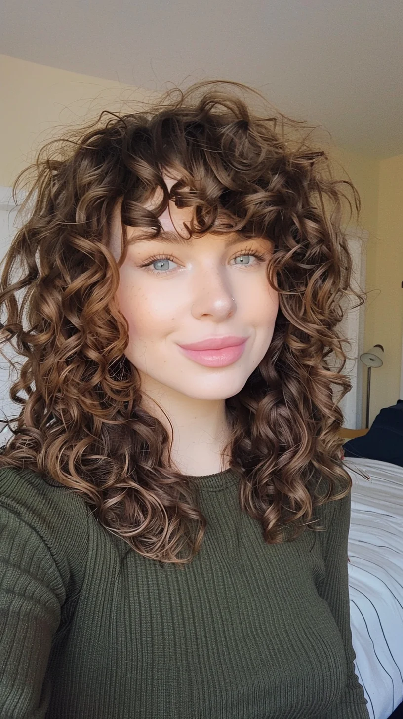 The woman has voluminous, caramel brown curly hair in a shoulder-length cut. Her curls range from tight spirals to looser waves, creating an attractively textured and tousled appearance. Face-framing layers shape the curls around her face for a flattering silhouette. The style has a youthful, carefree vibe perfect for embracing natural curls.