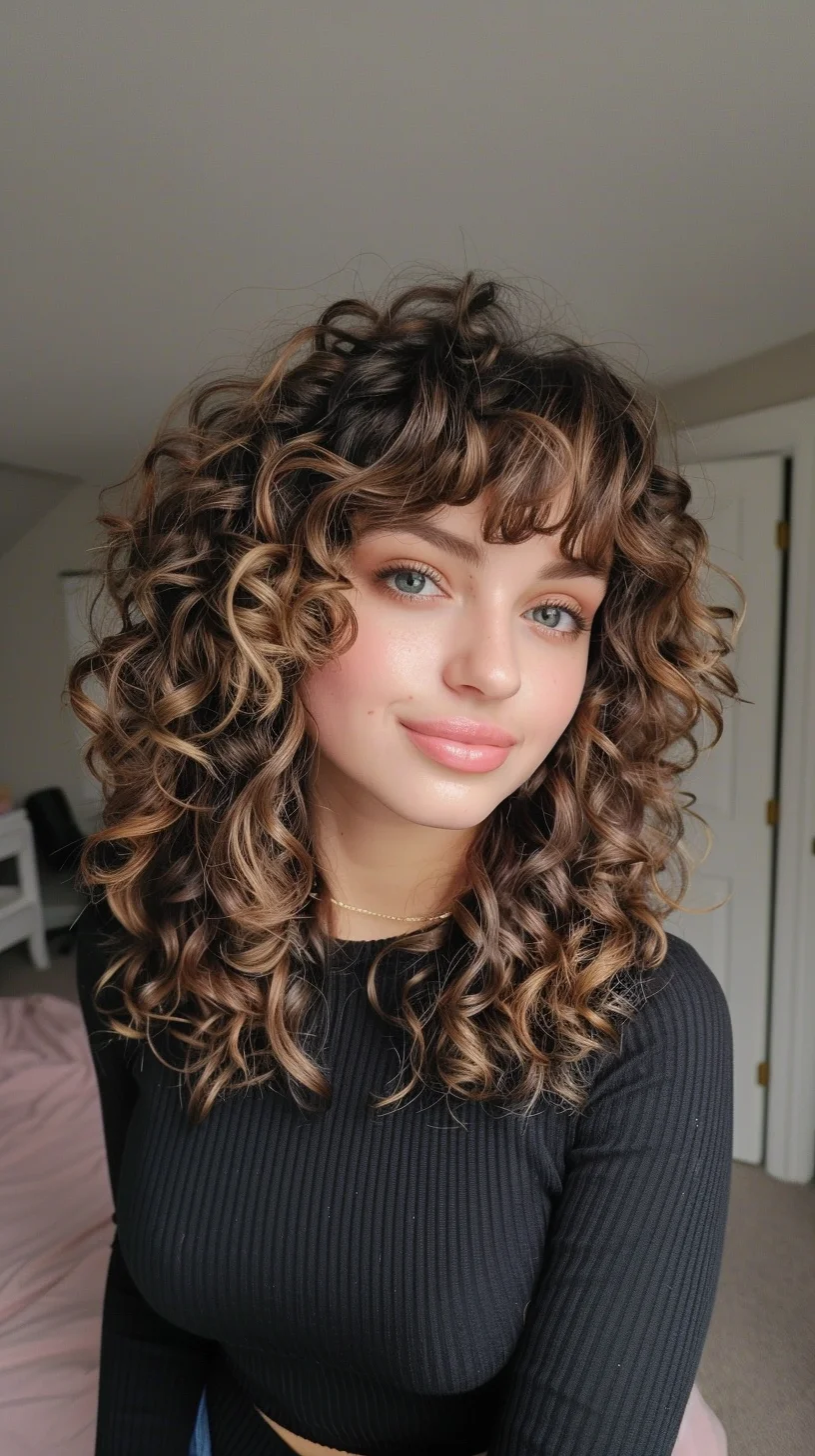 This hairstyle showcases medium-length curls with vibrant highlights adding depth and texture. It includes soft, face-framing layers that enhance the natural volume and movement of the curls. Playful curly bangs complete the look, blending seamlessly into the rest of the hair. This style is well-suited for oval and diamond face shapes, as it balances the facial features while highlighting the cheekbones and eyes.