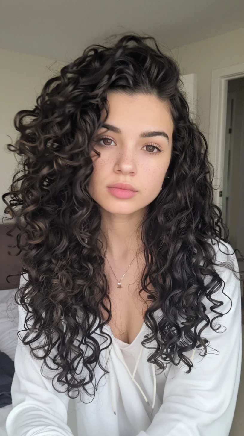 This hairstyle boasts long, luxurious curls that flow beautifully down the shoulders. The curls are tight and well-defined, providing a rich texture and dramatic volume. The haircut maintains a uniform length throughout, enhancing the natural bounce of the curls. This style is ideal for those with oval and longer face shapes, as it adds softness and fullness around the face, creating a balanced, elegant appearance.