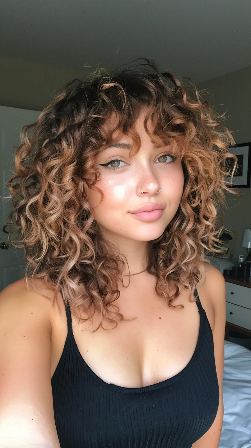 This captivating hairstyle features medium-length curls with a blend of natural and honey blonde highlights, enhancing the texture and depth. The curls are loosely defined, giving a soft, bouncy feel. Layered throughout to promote volume and movement, the cut includes bangs that are skillfully styled to blend with the overall curly texture. This hairstyle is ideal for softening angular features, making it a great choice for square and heart-shaped faces.