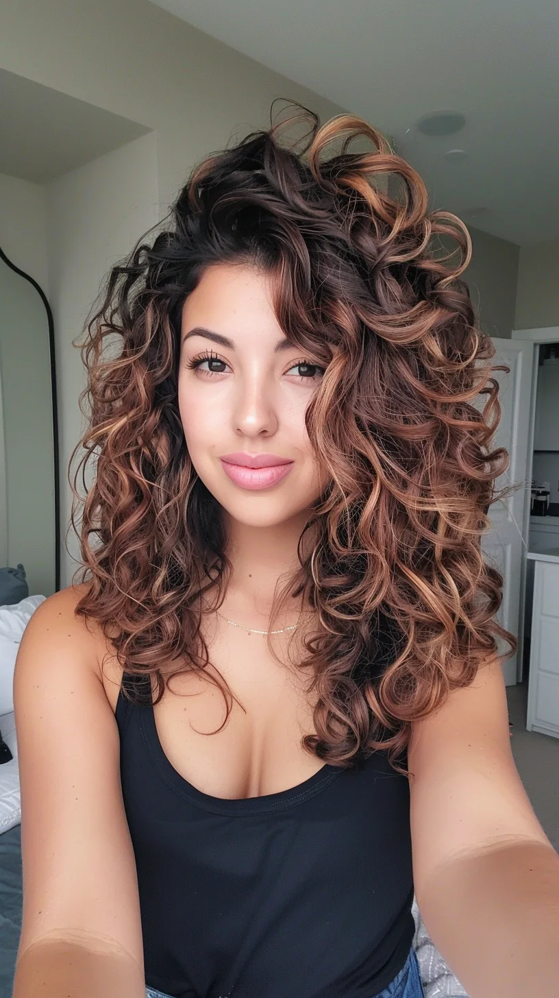 This hairstyle is a striking combination of voluminous curls and dynamic highlights. It features a deep, natural root color that transitions into lighter, caramel-toned curls, emphasizing the spiral shape and bounce. The curls are styled with extra volume at the crown, giving an illusion of height and fullness, which is perfect for round or pear-shaped faces to elongate the face visually. This lush, full-bodied look is both glamorous and practical, balancing sophistication with a touch of playfulness.