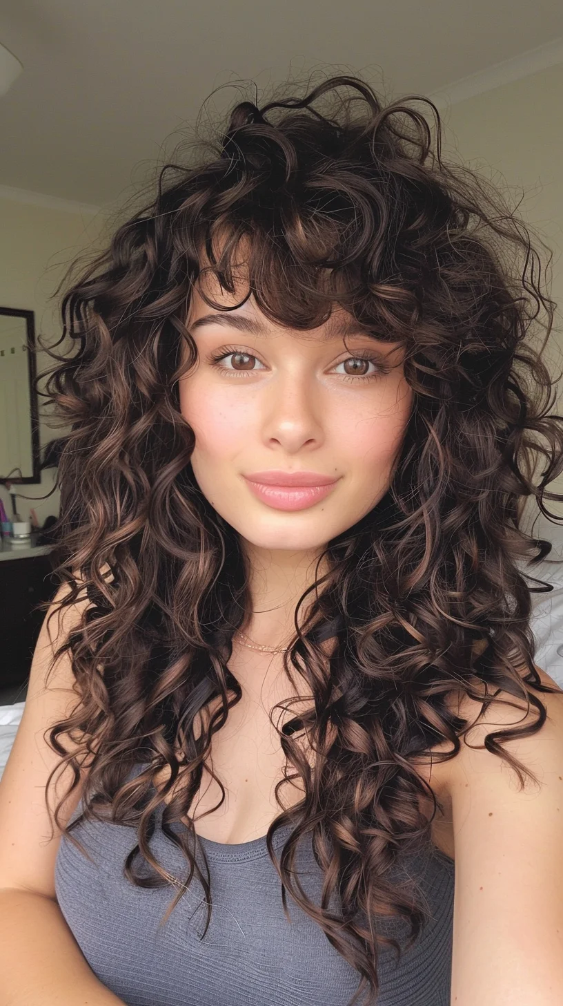 This captivating hairstyle showcases medium-length curls with abundant volume and texture. The curls are tightly coiled and richly layered, creating a luxurious and full-bodied look. A unique touch is the addition of soft, curly bangs that frame the face beautifully, enhancing the eyes and cheekbones. This style is ideal for round and heart-shaped faces as it balances the facial proportions by adding volume at the top and sides.