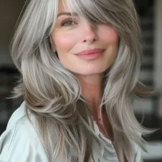 This chic hairstyle showcases long, layered locks with a smooth and sleek finish. The side-swept bangs create a flattering frame for the face, adding depth and interest. The layers add movement and volume, making this style both modern and versatile, ideal for highlighting the natural beauty of gray hair.