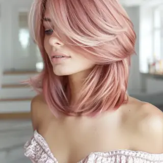 A sleek, straight cut with side-swept bangs highlights the richness of the cherry blonde color. The smooth texture and precise layers emphasize the hair's glossy finish, creating a sophisticated and contemporary look. The blend of hues adds depth and dimension, making the style truly stand out.