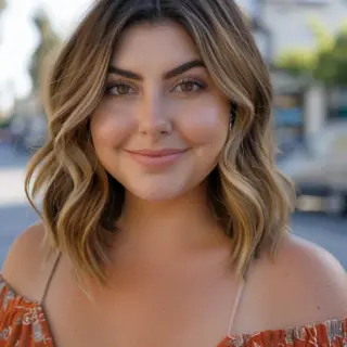 A soft and wavy bob that epitomizes effortless beauty with its shoulder-grazing length and gentle curls. The warm brunette base is subtly highlighted with caramel tones, adding depth and a sun-kissed effect, making it perfect for a relaxed yet refined look.
