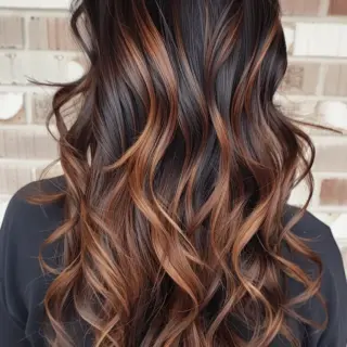 Dark roots seamlessly transition into warm copper balayage, creating a stunning ombré effect. The wavy texture adds a playful bounce, while the face-framing highlights accentuate the facial features, making this hairstyle both stylish and versatile for any occasion.