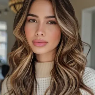 This hairstyle blends dark brown hair with warm, golden highlights, creating a harmonious and radiant look. The cut features loose, cascading waves that add a touch of elegance and sophistication. The slightly off-center part and soft layers frame the face beautifully