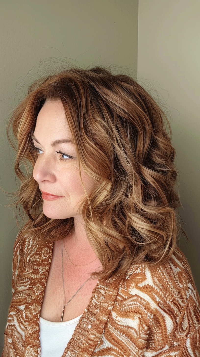 Here, the long layered bob is styled with voluminous curls and a deep side part, creating a glamorous and sophisticated look. The layers add body and movement, while the warm, caramel highlights enhance the overall dimension. This hairstyle is perfect for adding a touch of elegance to any face shape, suitable for both day and evening events.