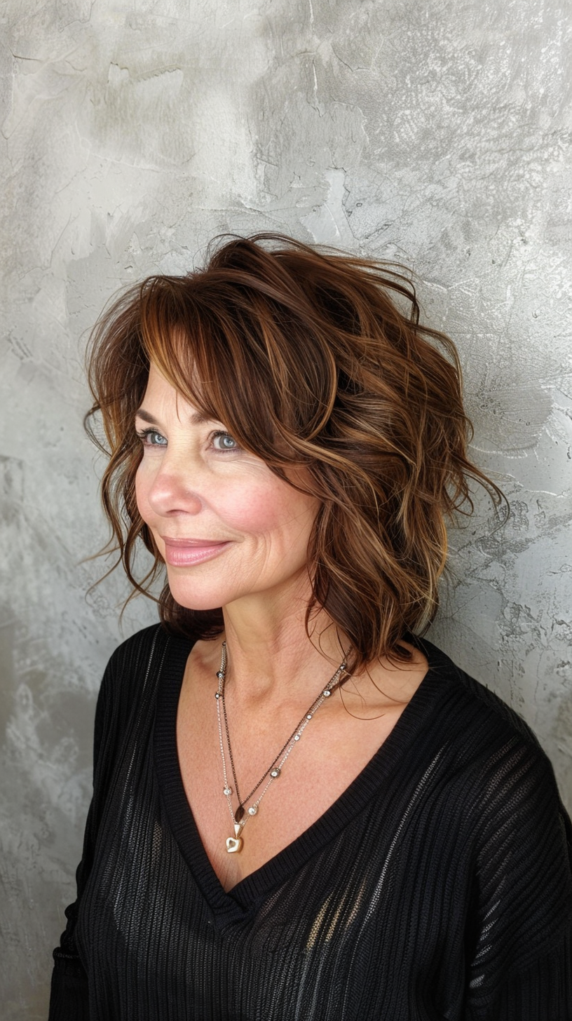 This long layered bob features textured waves and a side-swept fringe, creating a dynamic and youthful look. The rich, warm highlights add dimension and vibrancy, enhancing the layers and providing a sun-kissed appearance. This hairstyle is perfect for adding volume and movement to any face shape.