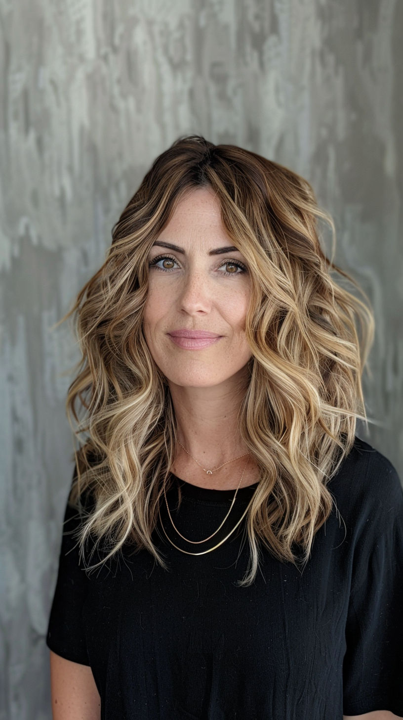 Here, the long layered bob is styled with voluminous curls and a center part, offering a glamorous and sophisticated look. The soft, blended highlights add depth and brightness, while the layers provide a natural, flowing movement. This style is ideal for those looking to achieve a chic and polished appearance.
