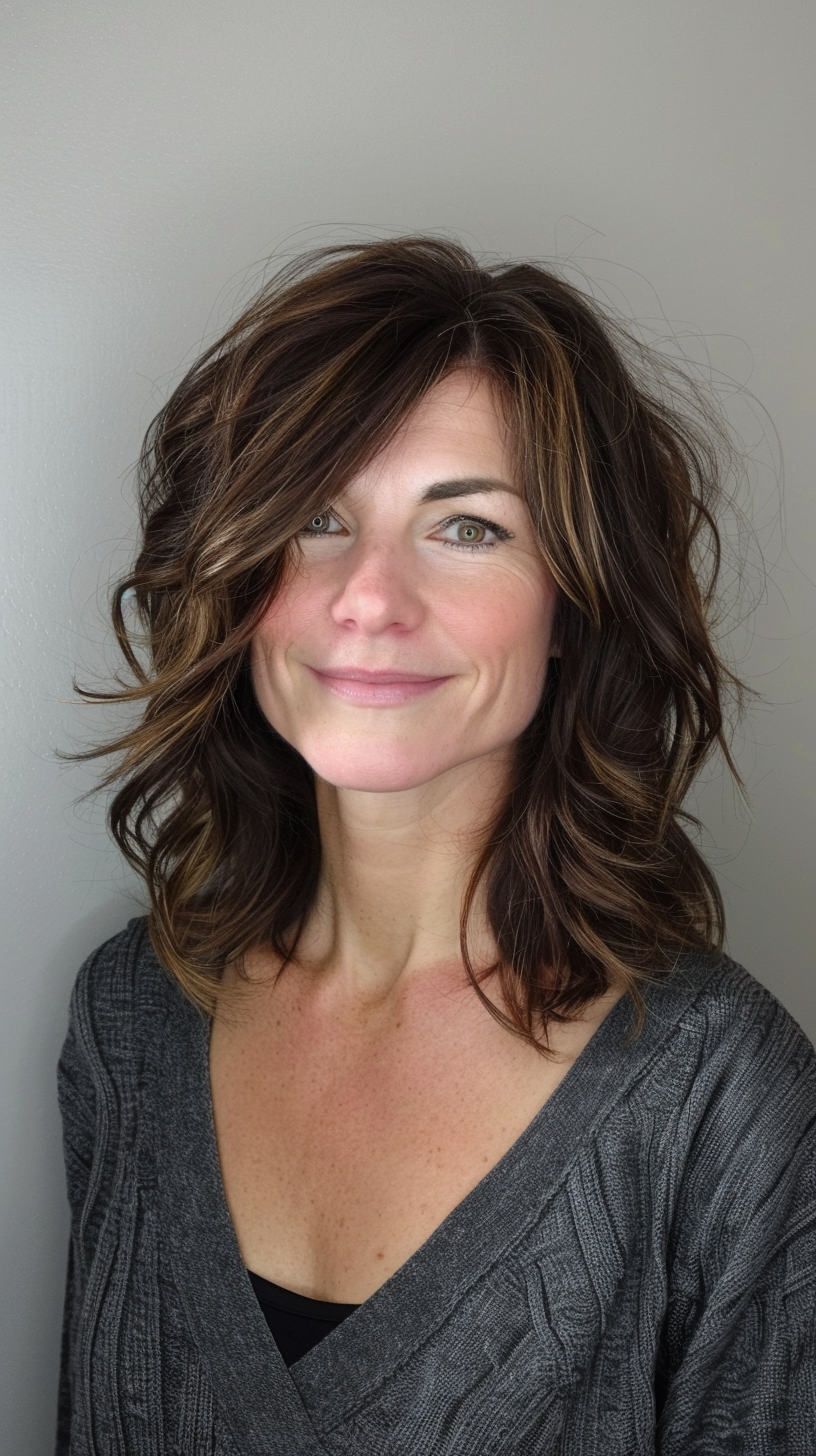 This hairstyle showcases a long layered bob with loose, tousled curls and subtle highlights. The layers add body and texture, while the side part frames the face beautifully. The overall look is relaxed yet refined, making it perfect for everyday wear or a casual evening out. The subtle highlights add a touch of brightness, enhancing the natural beauty of the hair.
