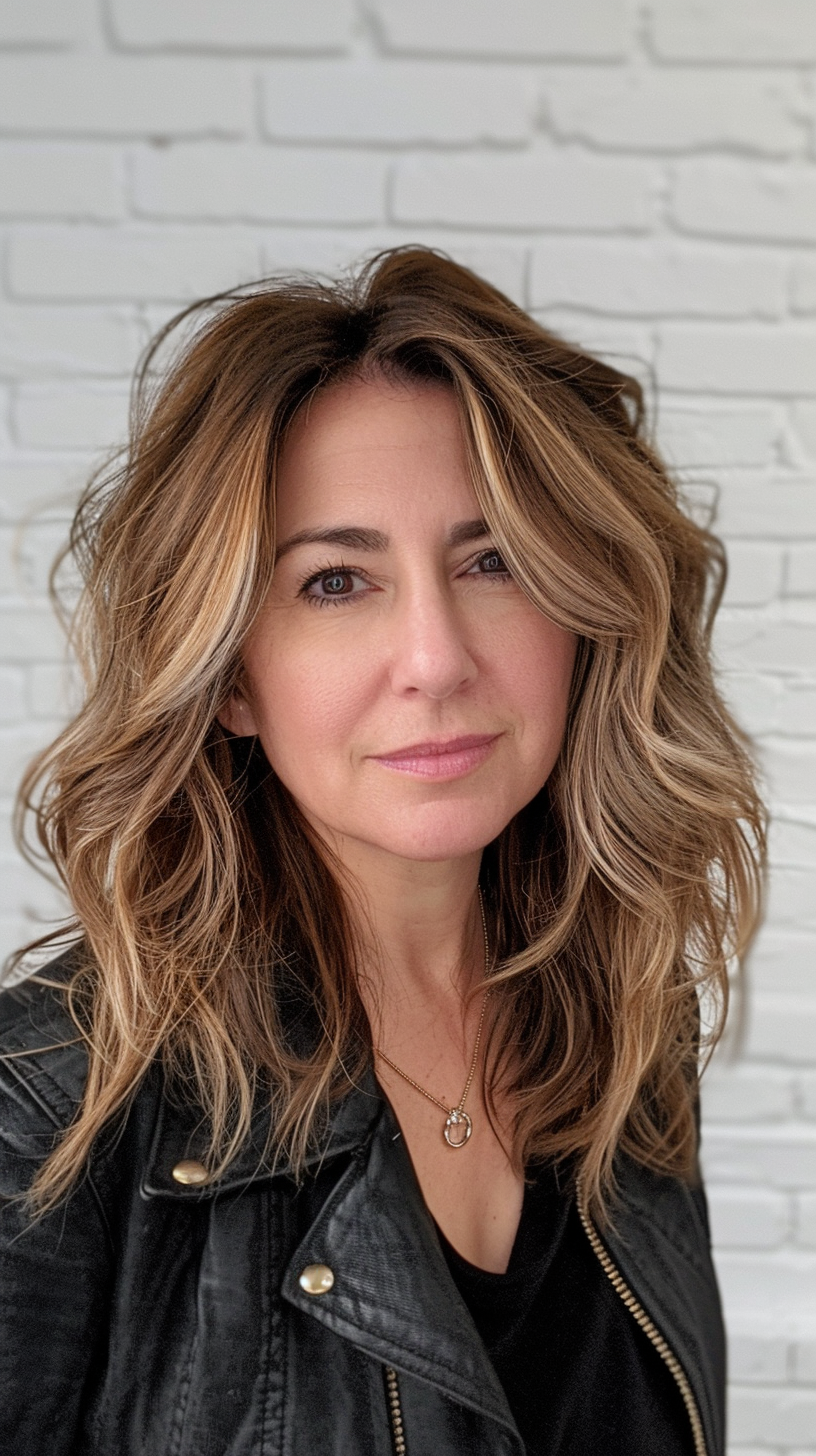 This long layered bob is styled with voluminous waves and a middle part, creating a classic and sophisticated look. The warm, caramel highlights add depth and dimension, enhancing the natural texture of the hair. 