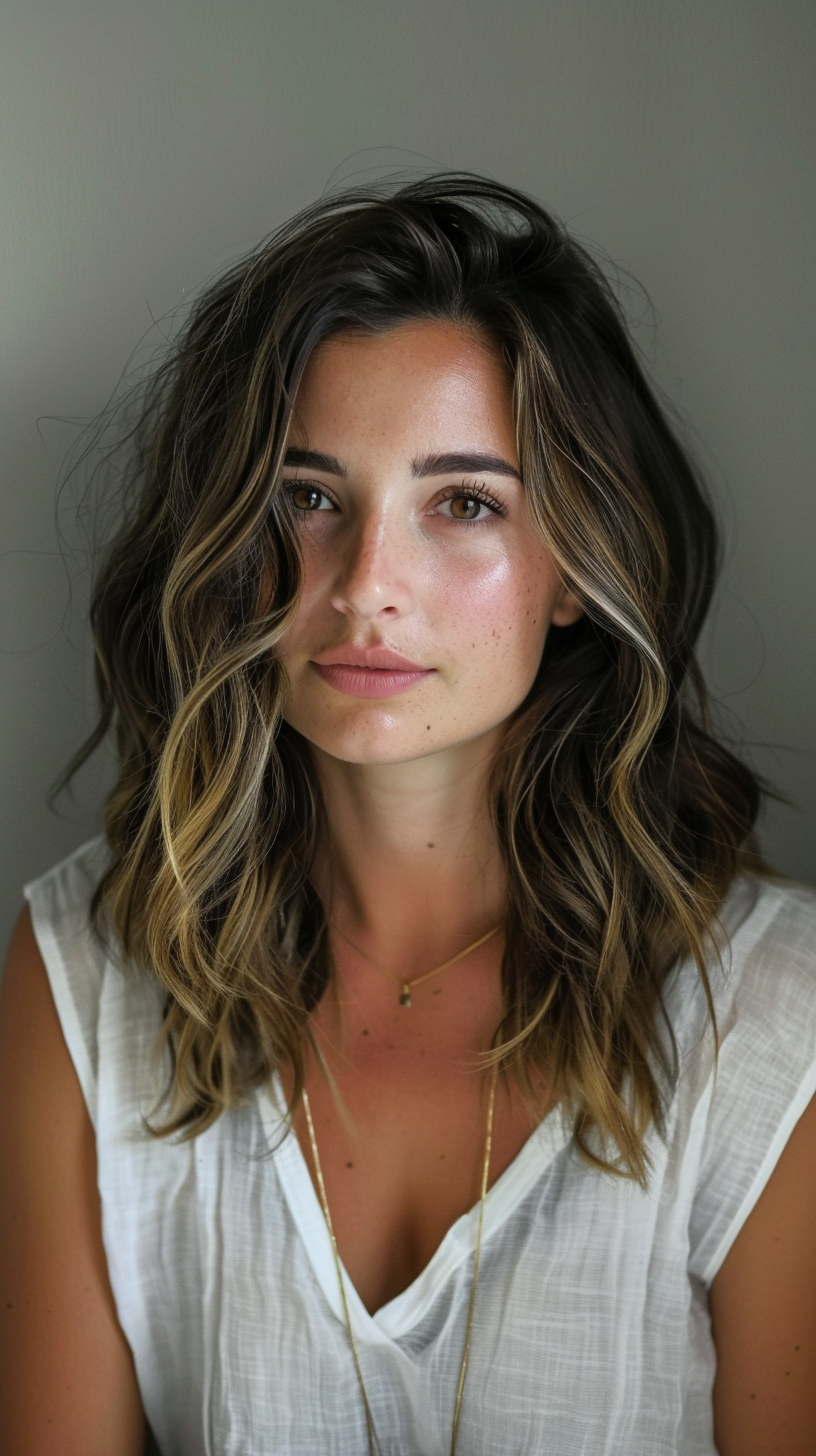 Here, the long layered bob features loose, tousled waves and a side part, offering a relaxed and casual vibe. The subtle balayage highlights create a natural, sun-kissed effect, while the layers add volume and frame the face beautifully.