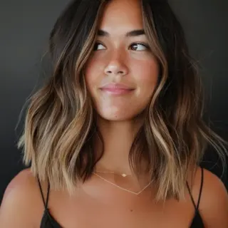 This hairstyle showcases a sleek long layered bob with soft waves and a middle part, providing a balanced and symmetrical appearance. The natural-looking highlights add brightness and dimension, while the layers create a gentle, flowing movement.