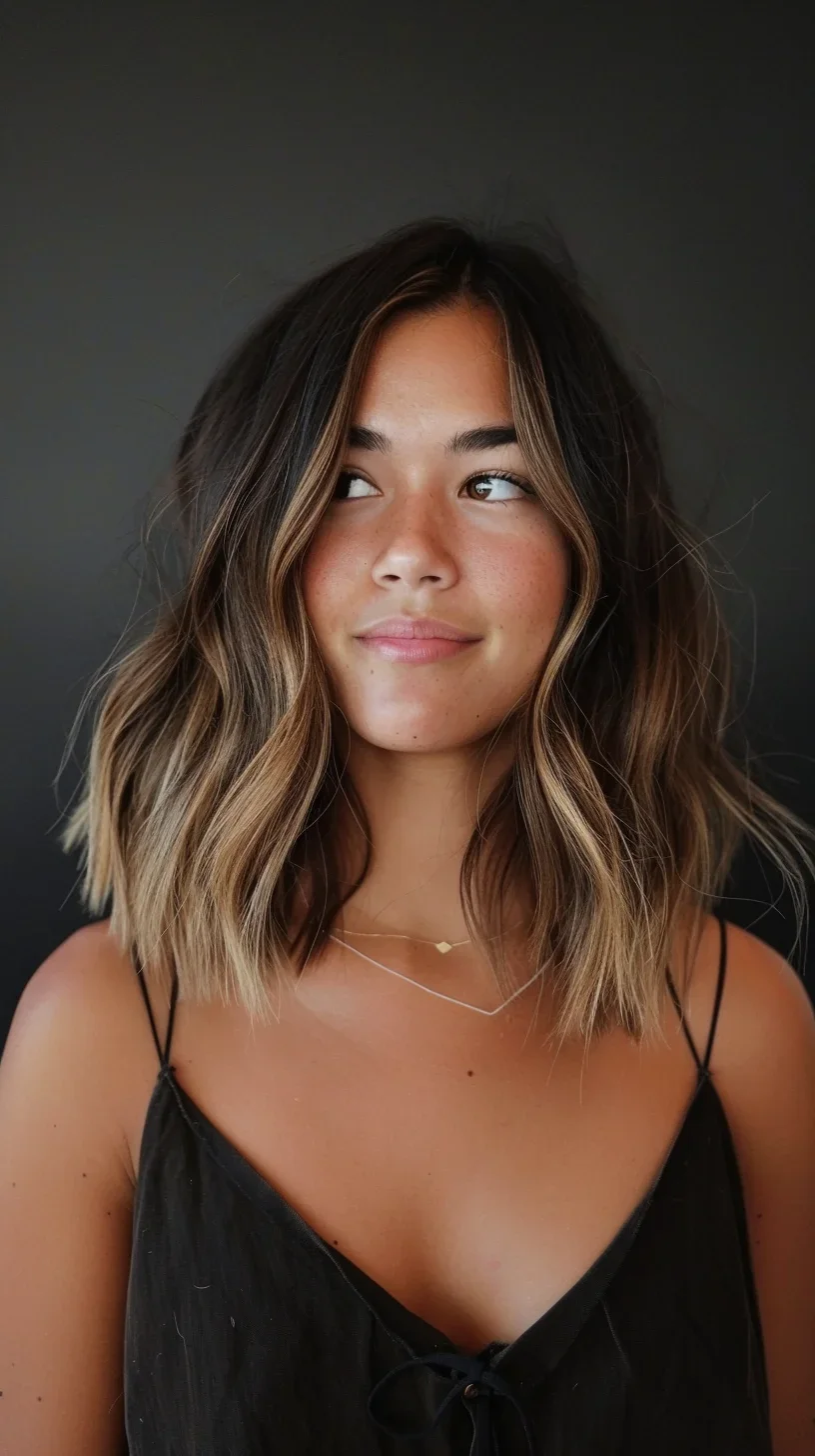 This hairstyle showcases a sleek long layered bob with soft waves and a middle part, providing a balanced and symmetrical appearance. The natural-looking highlights add brightness and dimension, while the layers create a gentle, flowing movement.