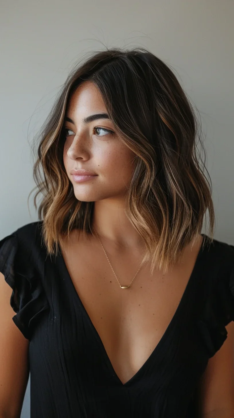 This long layered bob features soft waves and a slight side part, giving a natural and effortless look. The subtle ombre effect adds dimension and highlights the layers, making the hairstyle versatile and flattering for various face shapes. 