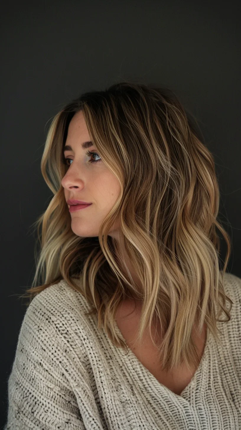 Here, the long layered bob is styled with loose, beachy waves and a middle part, creating a relaxed and modern vibe. The layers add texture and volume, while the blonde highlights enhance the overall look with a sun-kissed effect. 