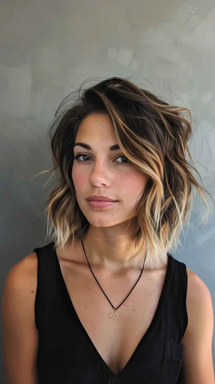 This hairstyle showcases a tousled long layered bob with a mix of soft waves and curls. The side part and blonde balayage highlights add depth and brightness, making the layers stand out beautifully. 