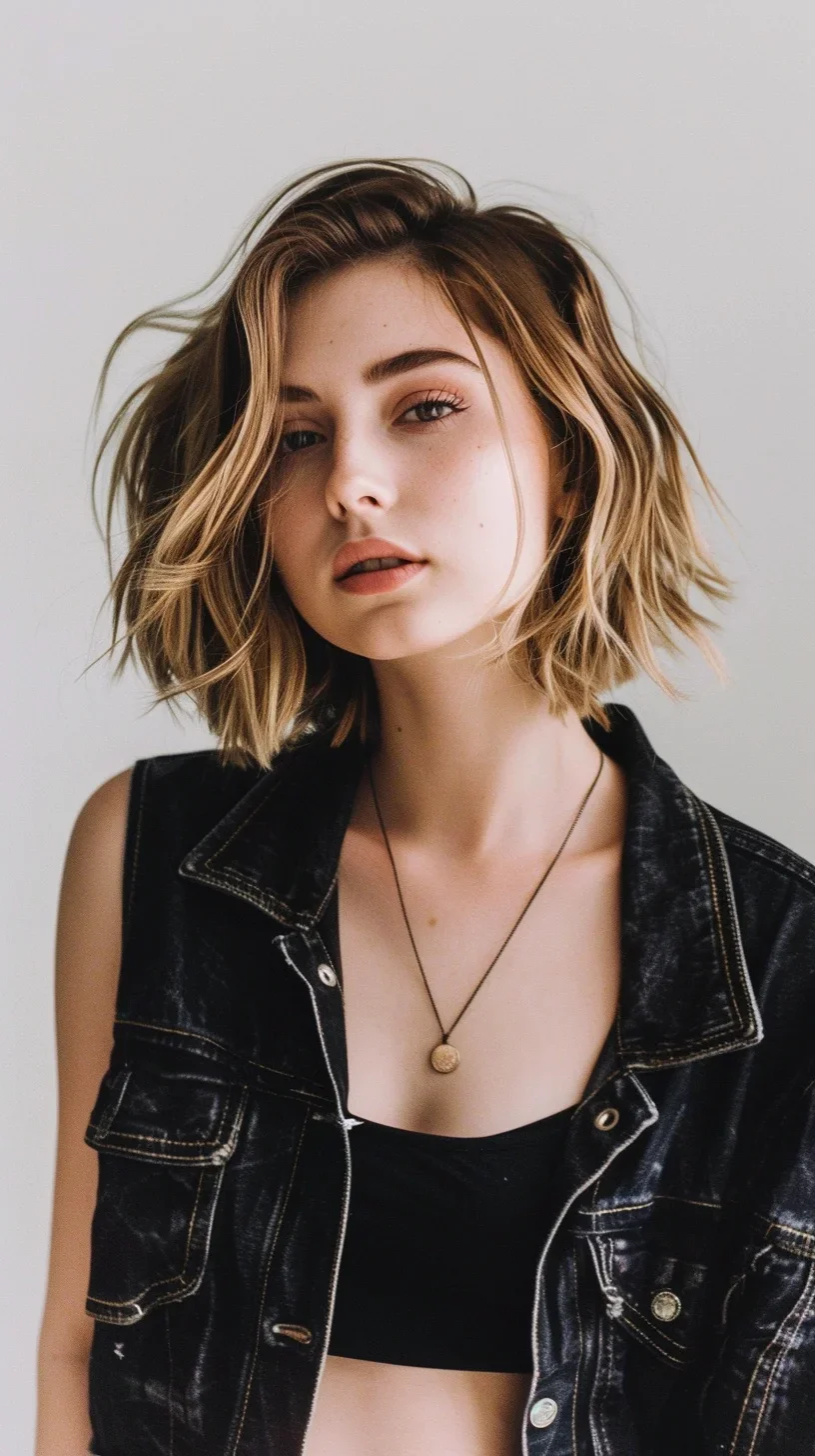 The first hairstyle features a tousled long layered bob with soft waves and subtle highlights that add dimension and texture. The cut enhances natural volume and movement, with layers framing the face beautifully, giving a youthful and effortless look. This style is perfect for adding a touch of elegance and modernity to any face shape.