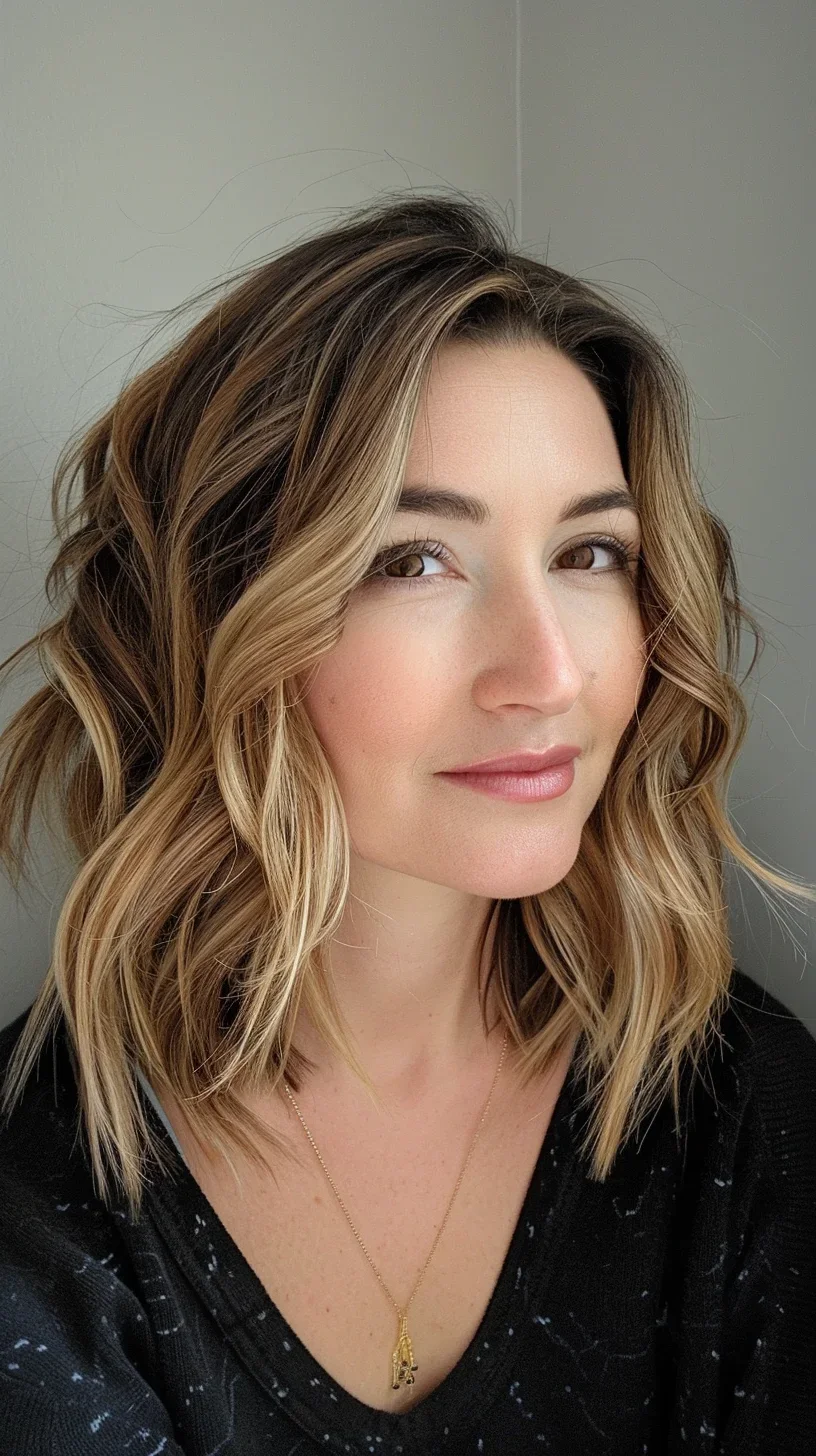 This long layered bob features loose waves and a side part, giving it a modern and chic look. The highlights add depth and dimension, accentuating the layers and providing a natural, sun-kissed appearance.