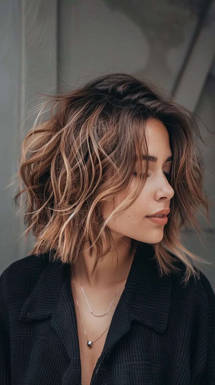 Here, the long layered bob is styled with textured waves and a middle part, creating a relaxed and effortless vibe. The subtle balayage highlights enhance the natural texture, adding a touch of brightness and dimension. 