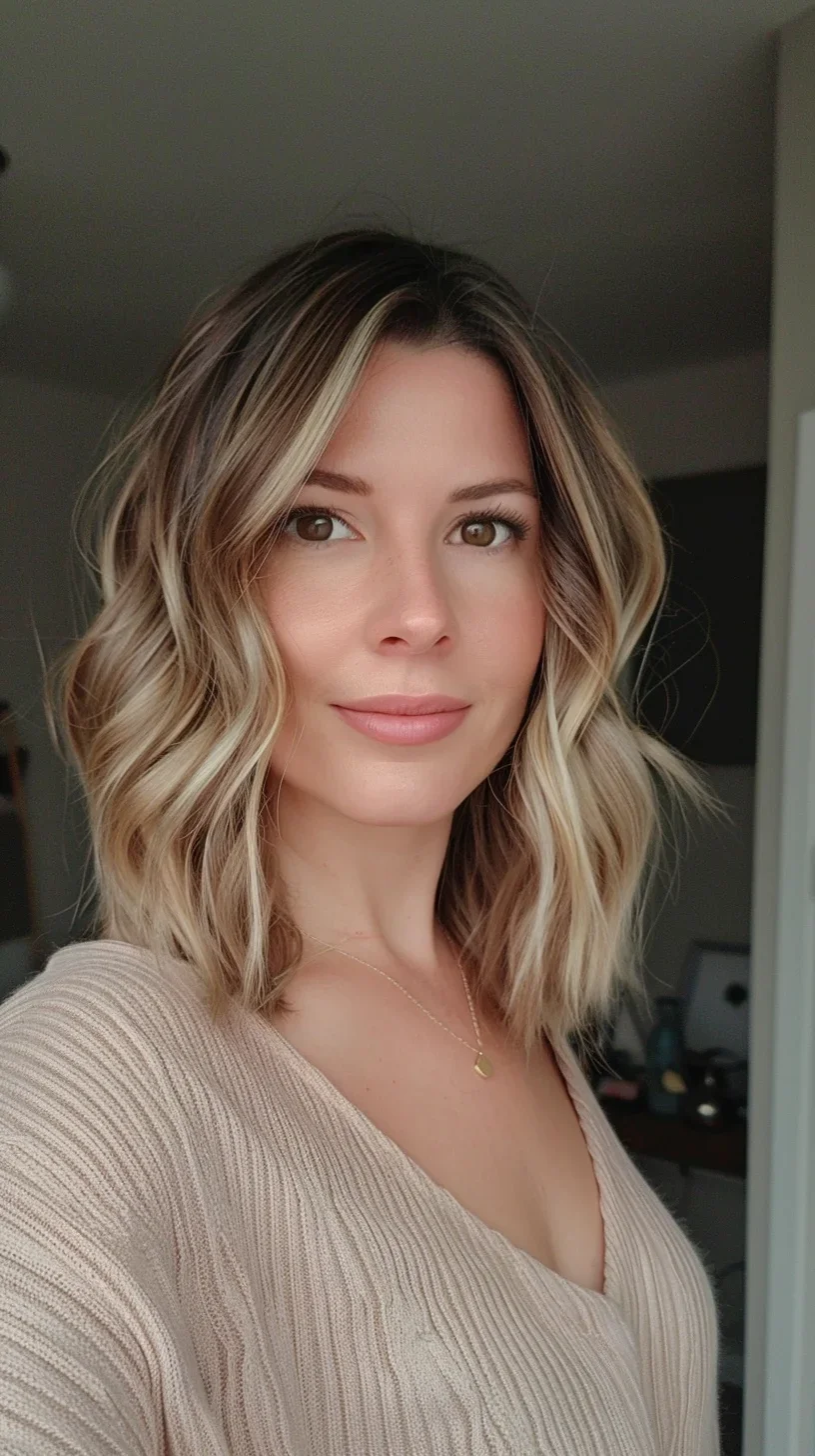 This hairstyle showcases a soft, wavy long layered bob with a middle part, offering a polished and sophisticated appearance. The blonde highlights add a beautiful contrast and depth to the hair, making the layers stand out. 