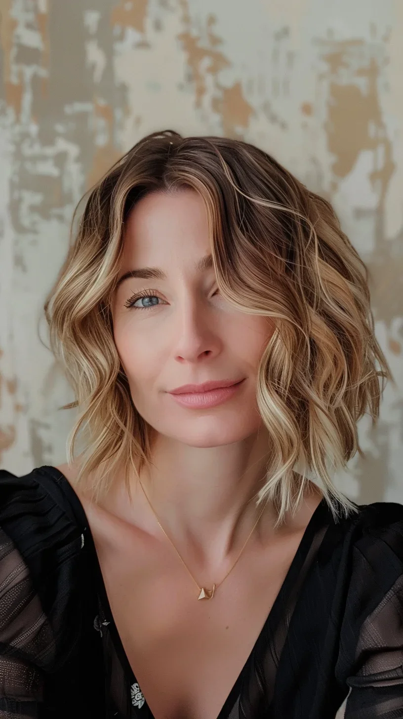 This long layered bob features loose, textured waves and a subtle side part, creating a modern and elegant look. The blonde highlights add dimension and brightness, enhancing the layers and providing a sun-kissed effect. 