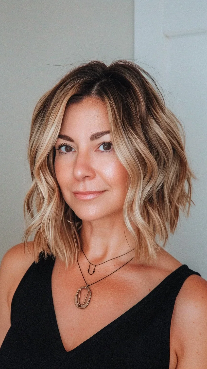 Here, the long layered bob is styled with soft, tousled waves and a middle part, offering a balanced and chic appearance. The light blonde highlights blend seamlessly with the natural hair color, adding depth and dimension. 