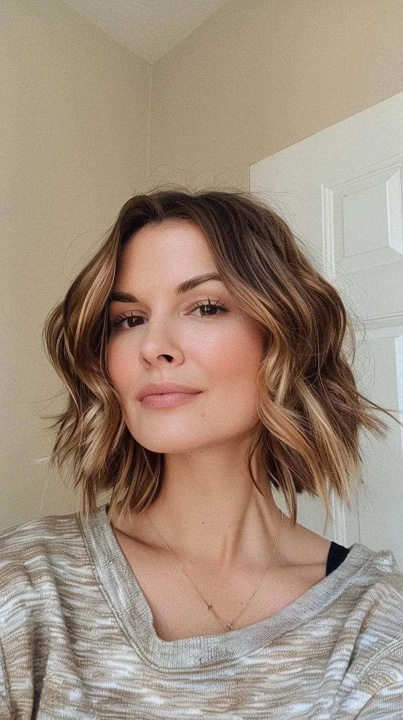 In the second hairstyle, the long layered bob is styled with loose, beachy waves and a middle part, creating a relaxed and casual vibe. The layers are strategically placed to add volume and frame the face, highlighting the cheekbones and jawline. This versatile look is ideal for a chic, everyday hairstyle that flatters various face shapes.