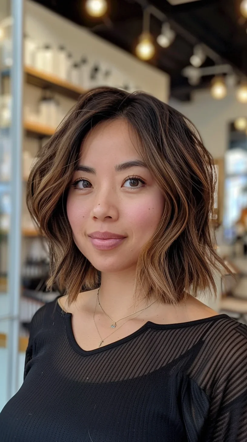 The third hairstyle showcases a sleek and polished long layered bob with soft curls at the ends. The layers are cut to provide a smooth and sophisticated finish, with the length slightly angled to enhance the natural contours of the face. This elegant style is perfect for a professional setting or a special occasion, offering a refined and timeless look.